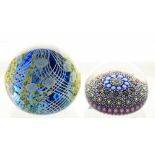 MICHAEL HUNTER TWIST GLASS BLUE ROSE TRELLIS PAPERWEIGHT, 6.5CM DIAM APPROX, MH CANE, SIGNED MICHAEL