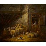 J. HOVENER, SHEEP IN A BARN, SIGNED, OIL ON BOARD, 48 X 59CM