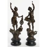 A PAIR OF FRENCH FIN DE SIECLE BRONZED SPELTER STATUETTES, EMBLEMATICAL SUBJECTS, ON TURNED EBONISED