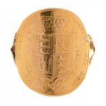 A VICTORIAN HALF SOVEREIGN RING, 4.5G, SIZE P½++DATE ILLEGIBLE, VICTORIA YOUNG HEAD, WEAR CONSISTENT