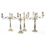 A SHEFFIELD PLATE SUITE, COMPRISING FIVE BRANCH CANDELABRUM, PAIR OF THREE BRANCH CANDELABRA AND A