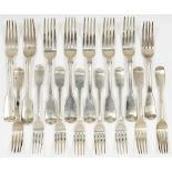 MISCELLANEOUS SILVER FORKS, FIDDLE PATTERN, VICTORIAN AND LATER, 32OZS++GOOD CONDITION