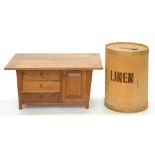 A CHINESE HARDWOOD LOW TABLE, 45CM H; 100 X 60CM AND A PLYWOOD LINEN BIN, 62CM H