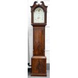 AN EARLY 19TH C INLAID MAHOGANY EIGHT DAY LONGCASE CLOCK, THE PAINTED BREAK ARCHED DIAL WITH LUNAR