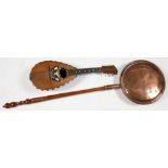 A VICTORIAN COPPER WARMING PAN WITH TURNED FRUIT WOOD HANDLE, 110CM L AND A NEAPOLITAN MANDOLIN,