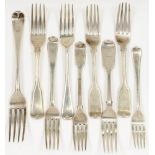 MISCELLANEOUS SILVER FORKS, OLD ENGLISH PATTERN, GEORGE III AND LATER, 13OZS 17DWTS++GOOD CONDITION