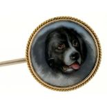 A VICTORIAN GOLD STICK PIN WITH ENAMEL TERMINAL, PAINTED BY WILLIAM ESSEX WITH THE HEAD OF A DOG,