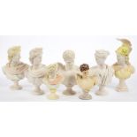 SEVEN REPRODUCTION PARIAN WARE STYLE CLASSICAL BUSTS OF RESIN, 22 - 37CM H, LATE 20TH C