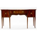 A CARVED MAHOGANY BREAK FRONT SIDE BOARD ON SQUARE TAPERING LEGS, C1930, 96CM H; 173 X 60CM