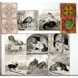 A SET OF EIGHT 8" TILES, PRINTED WITH LANDSEER SUBJECTS, A PAIR OF MINTON & CO MOULDED MAJOLICA 6"