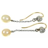 A PAIR OF PEARL AND DIAMOND DROP EARRINGS, THE OLD CUT DIAMONDS OF 0.5 CT APPROX, DROP 3 CM LONG