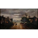 E. SLATER, EVENING SCENE WITH VILLAGE CHURCH, SIGNED, OIL ON CANVAS, 24 X 45CM
