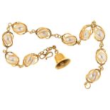 A CAGED CULTURED PEARL BRACELET, WITH BELL CHARM IN GOLD MARKED 585, 11G++LIGHT WEAR CONSISTENT WITH