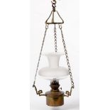 A LATE VICTORIAN BRASS HANGING LAMP AND FROSTED GLASS LAMPSHADE, 34CM H