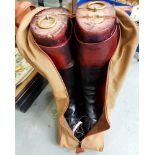 A PAIR OF BLACK LEATHER RIDING BOOTS WITH TREES, BOOT HOOKS AND BAG