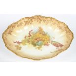 A ROYAL DOULTON FOUR FOOTED, SHAPED OVAL DESSERT DISH, DECORATED WITH NATURALISTIC FOLIAGE ON A