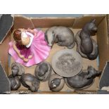 EIGHT POOLE POTTERY STONEWARE ANIMALS AND A DISH, VARIOUS SIZES AND A COALPORT BONE CHINA FIGURE