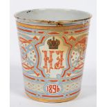 A RUSSIAN, NICHOLAS II CORONATION COMMEMORATIVE ENAMEL BEAKER, DATED 1896, 10CM H