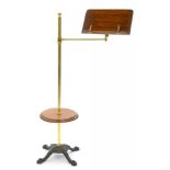 A VICTORIAN BRASS AND MAHOGANY MUSIC STAND ON CAST IRON BASE, 122CM H