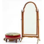 A WALNUT MINIATURE CHEVAL MIRROR, 76CM H AND A VICTORIAN MAHOGANY FOOT STOOL WITH BEADWORK TOP