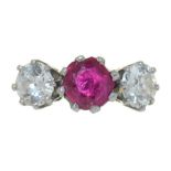 A RUBY AND DIAMOND RING IN GOLD, MARKED 18CT, 6G, SIZE Q++RUBY FACETS ABRADED