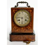 A FRENCH INLAID ROSEWOOD MANTEL CLOCK WITH SILVERED DIAL, 20CM H EXCLUDING HANDLE, MID 19TH C