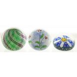 THREE MICHAEL HUNTER TWISTS GLASS PAPERWEIGHTS, CONCENTRIC WHITE ROSE AND BLUE CANES, INTERMEZZO,