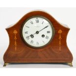 AN INLAID MAHOGANY MANTEL CLOCK, THE ENAMEL DIAL INSCRIBED JOHN PENNY LIMITED NOTTINGHAM, 20CM H,