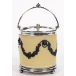 A WEDGWOOD MUSTARD DIP JASPER BISCUIT BARREL, ORNAMENTED IN BLACK WITH FESTOONS, BRITANNIA METAL