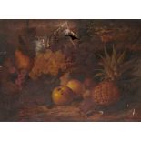 JAMES POULTON (FL 1844-1859) STILL LIFE WITH FRUIT AND A WICKER BASKET signed, oil on canvas, 44 x