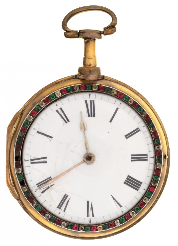 AN ENGLISH GILTMETAL VERGE WATCH S ROBERTS, LONDON, 7393 with enamel dial, intricately pierced and