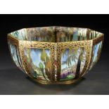 A WEDGWOOD FAIRYLAND LUSTRE OCTAGON BOWL DESIGNED BY DAISY MAKEIG-JONES, C1920 the interior