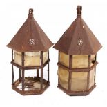 TWO BRITISH ARTS & CRAFTS HEXAGONAL SHEET IRON LANTERNS, C1910 65cm h excluding suspension ring