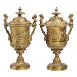 A PAIR OF FRENCH GILT BRASS BRULES PARFUM AND COVERS, C1900 33cm h++Coated in old and now