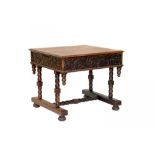 A VICTORIAN CARVED OAK TABLE, ANTIQUARIAN TASTE, SECOND HALF 19TH C the deep frieze with urns and