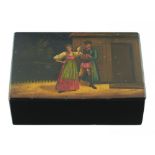 A RUSSIAN LACQUERED PAPIER MÂCHÉ BOX, VISHNYAKOV WORKSHOP, C1890 the lid painted with a woman and