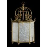 AN HEXAGONAL BRASS HALL LANTERN IN GEORGE III STYLE, EARLY 20TH C with later electric fitment and