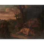 DUTCH SCHOOL A FAMILY OF PIGS AND A COW BY A TREE oil on oak panel, 27 x 35cm++The medium thin and