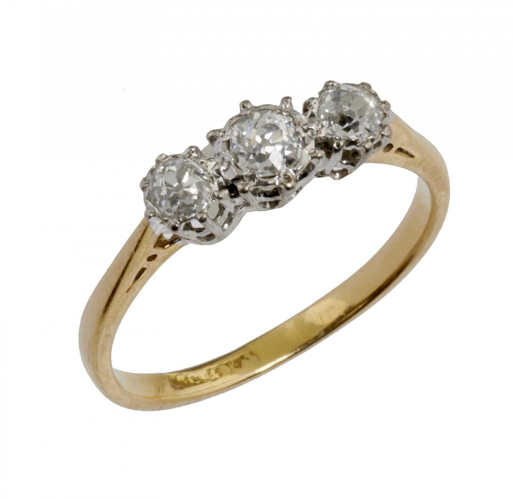 A VICTORIAN THREE STONE DIAMOND RING the three old brilliant cut diamonds approx 0.65ct, marked 18ct