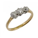 A VICTORIAN THREE STONE DIAMOND RING the three old brilliant cut diamonds approx 0.65ct, marked 18ct