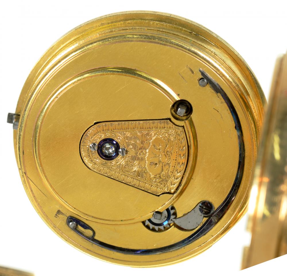 AN ENGLISH 18CT GOLD DUPLEX WATCH [SIGISMUND] RENTZSCH LONDON with enamel dial, gilt full plate - Image 2 of 2