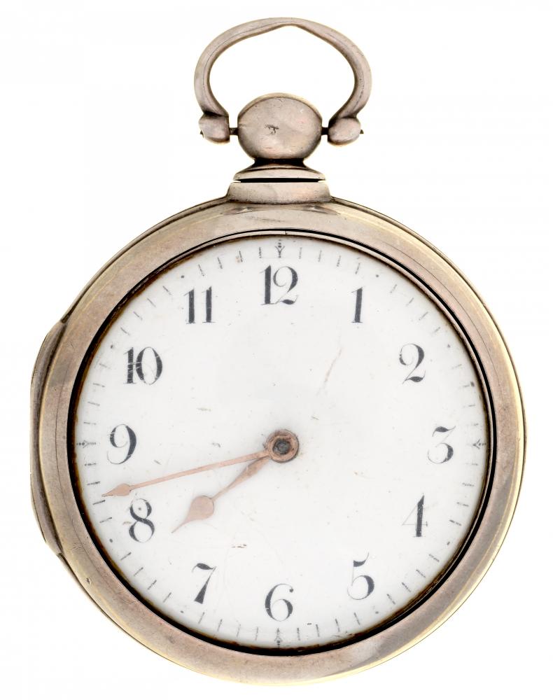 AN ENGLISH SILVER PAIR CASED VERGE WATCH, JNO HARVEY LONDON, 2981 with enamel dial, pierced and