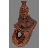 A 'TREACLE' BROWN GLAZED EARTHENWARE SPIRIT FLASK IN THE FORM OF A MERMAID, C1870 19.5cm h++Good