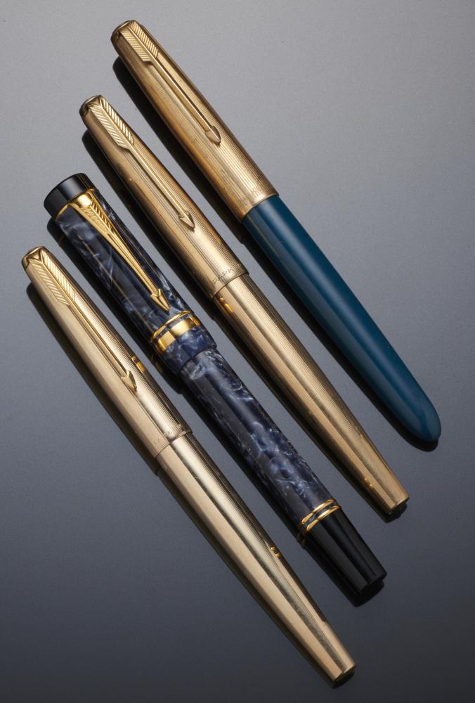 FOUR PARKER GOLD PLATED AND OTHER FOUNTAIN PENS including 61++Variable but all collectable, in as