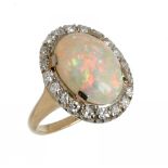 AN OPAL AND DIAMOND CLUSTER RING the central opal approx 3.25 ct, brilliant cut diamonds approx 0.45