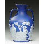 A WEDGWOOD BLUE JASPER DIP PORTLAND VASE, C1880 draped version, 20cm h, impressed WEDGWOOD ++Two