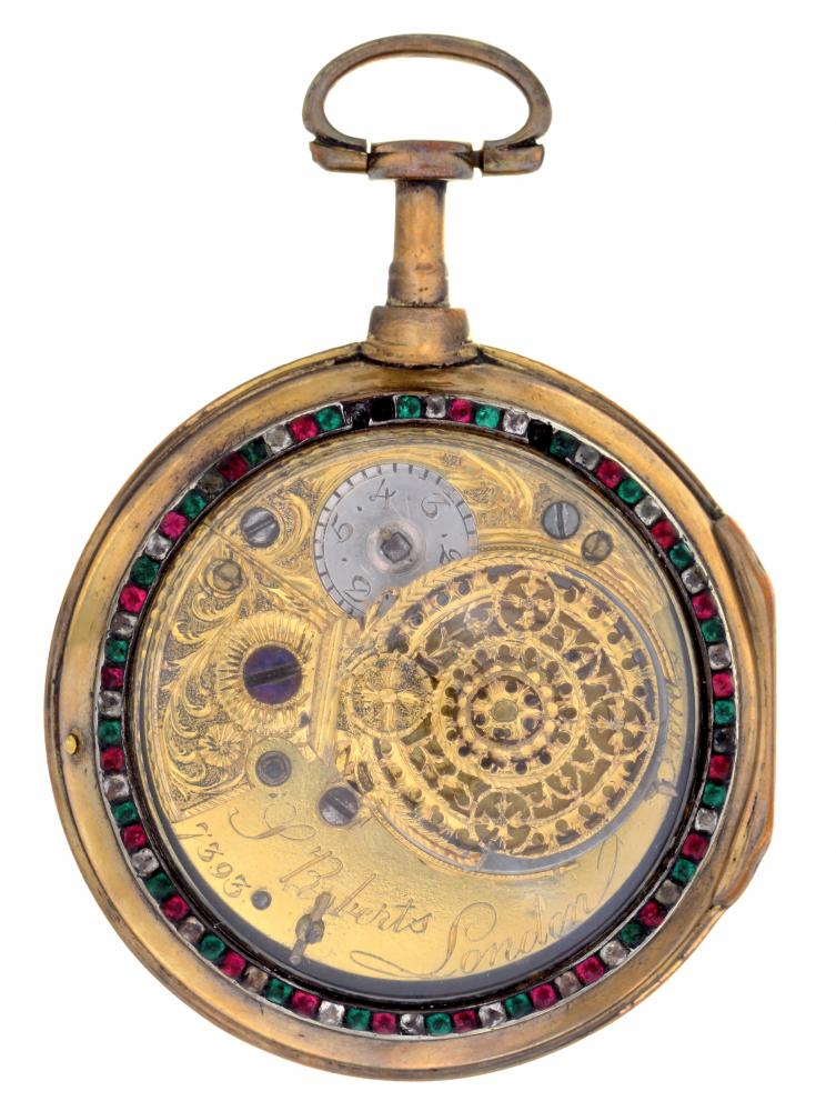 AN ENGLISH GILTMETAL VERGE WATCH S ROBERTS, LONDON, 7393 with enamel dial, intricately pierced and - Image 2 of 2