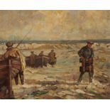 J W WILSON (FL EARLY 20TH CENTURY) FISHERMEN UNLOADING THEIR CATCH signed, oil on board, 35 x