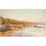 JOHN ISAAC RICHARDSON, RI (1836-1913) HIGHLAND CATTLE watercolour, 35 x 56cm, unframed++Bright and