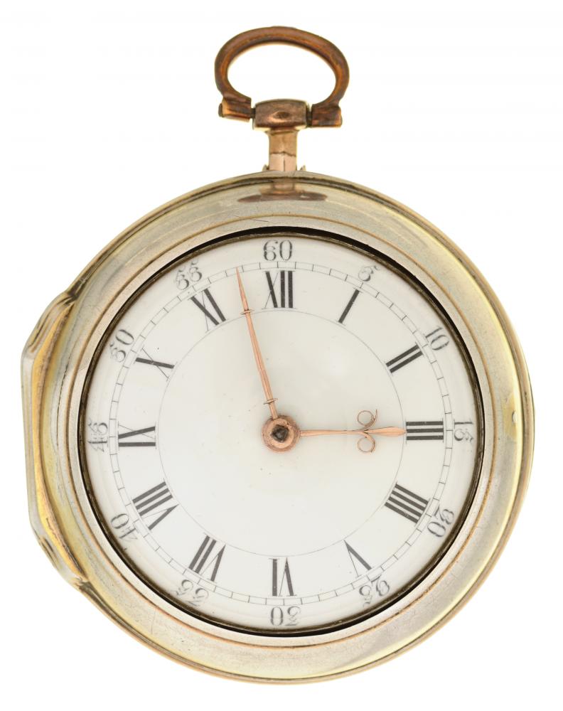AN ENGLISH SILVER PAIR CASED CYLINDER WATCH [JOHN] ELLICOTT LONDON, 7343 with enamel dial, gold